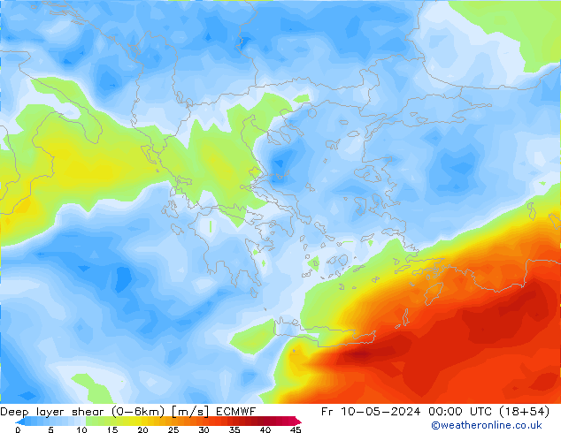 Deep layer shear (0-6km) ECMWF ven 10.05.2024 00 UTC