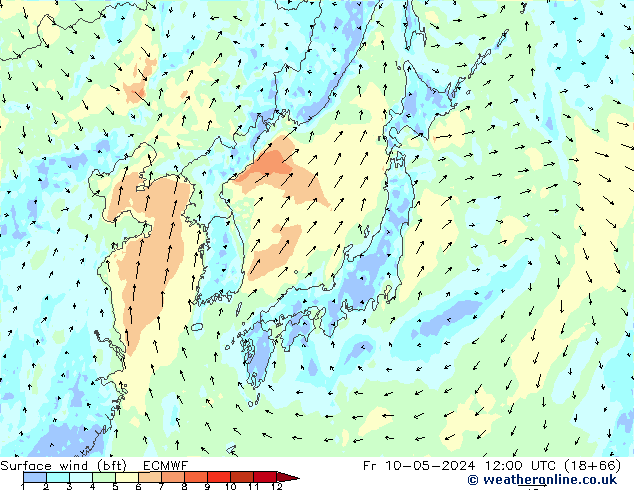 Surface wind (bft) ECMWF Fr 10.05.2024 12 UTC