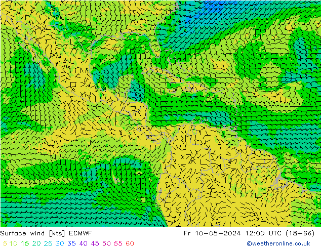 Surface wind ECMWF Pá 10.05.2024 12 UTC