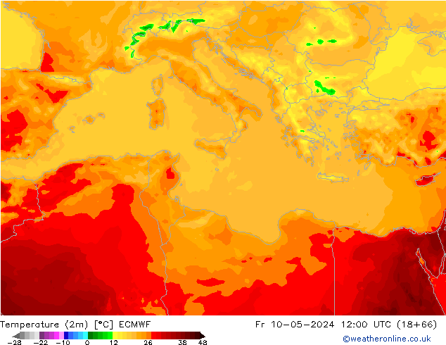 Temperatuurkaart (2m) ECMWF vr 10.05.2024 12 UTC
