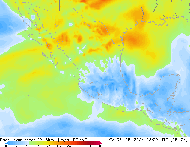 Deep layer shear (0-6km) ECMWF mié 08.05.2024 18 UTC