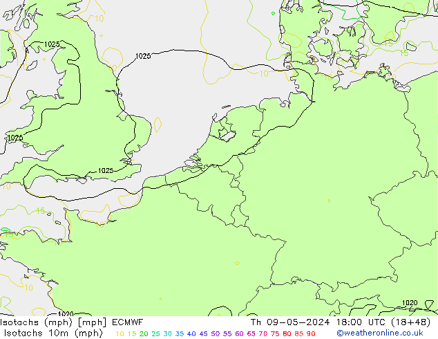 Isotachen (mph) ECMWF Do 09.05.2024 18 UTC