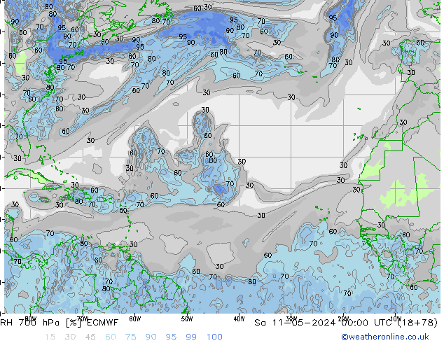 Humidité rel. 700 hPa ECMWF sam 11.05.2024 00 UTC
