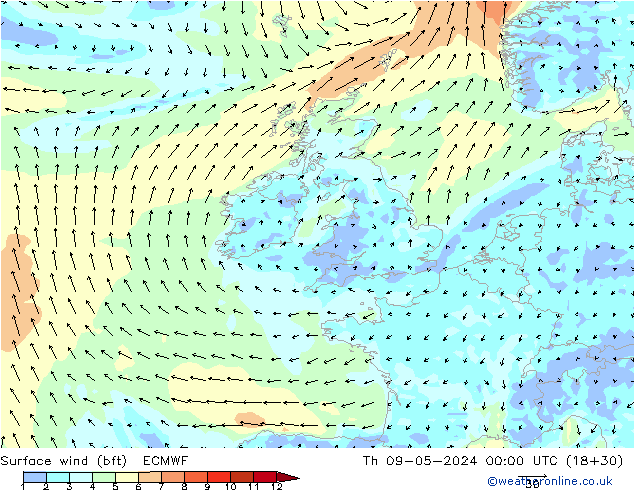 Surface wind (bft) ECMWF Čt 09.05.2024 00 UTC