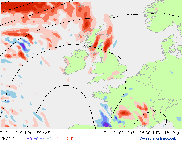 T-Adv. 500 hPa ECMWF Tu 07.05.2024 18 UTC