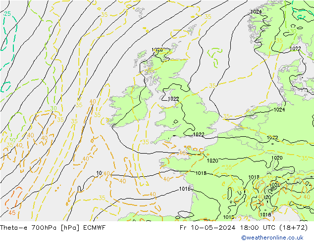 Theta-e 700hPa ECMWF Pá 10.05.2024 18 UTC