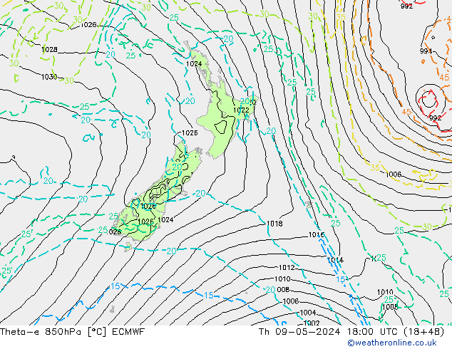 Theta-e 850hPa ECMWF gio 09.05.2024 18 UTC