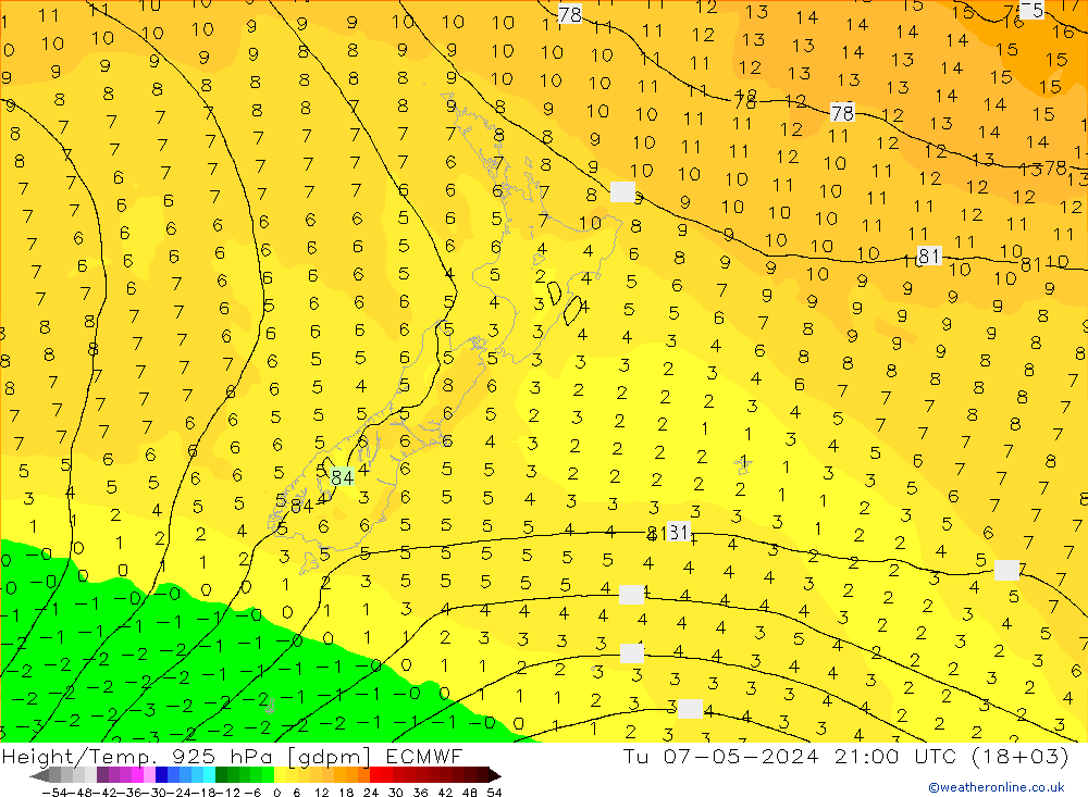 Yükseklik/Sıc. 925 hPa ECMWF Sa 07.05.2024 21 UTC