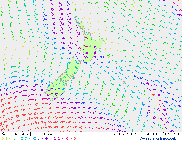 Wind 500 hPa ECMWF Út 07.05.2024 18 UTC