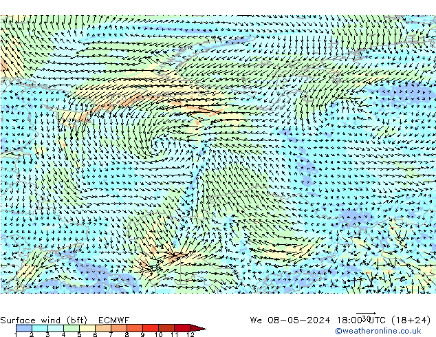 Wind 10 m (bft) ECMWF wo 08.05.2024 18 UTC
