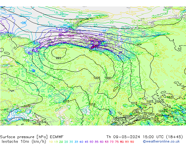 Isotachs (kph) ECMWF  09.05.2024 15 UTC