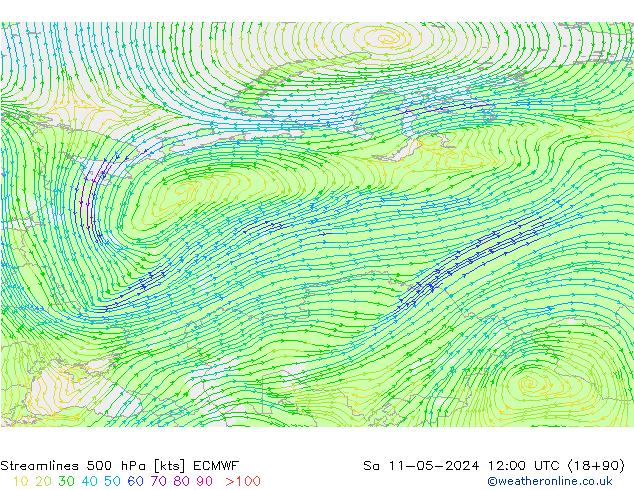 Linea di flusso 500 hPa ECMWF sab 11.05.2024 12 UTC