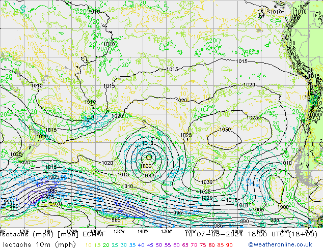 Isotachs (mph) ECMWF Út 07.05.2024 18 UTC