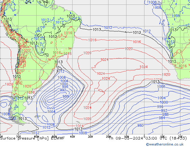 Pressione al suolo ECMWF gio 09.05.2024 03 UTC