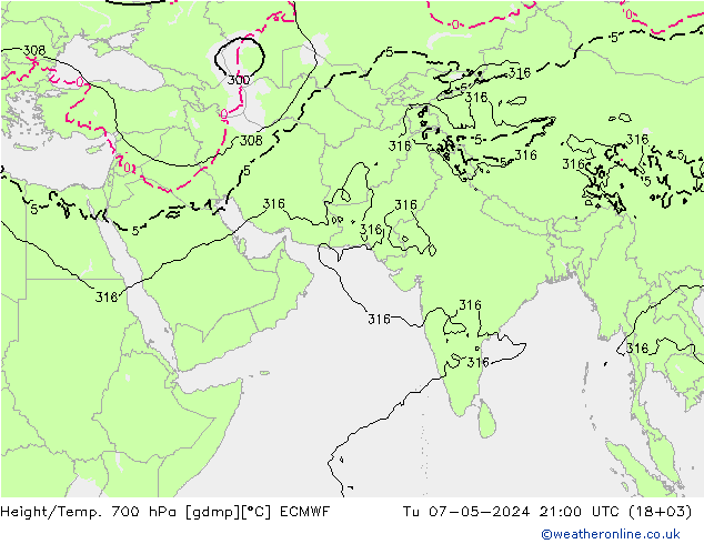 Height/Temp. 700 hPa ECMWF Tu 07.05.2024 21 UTC
