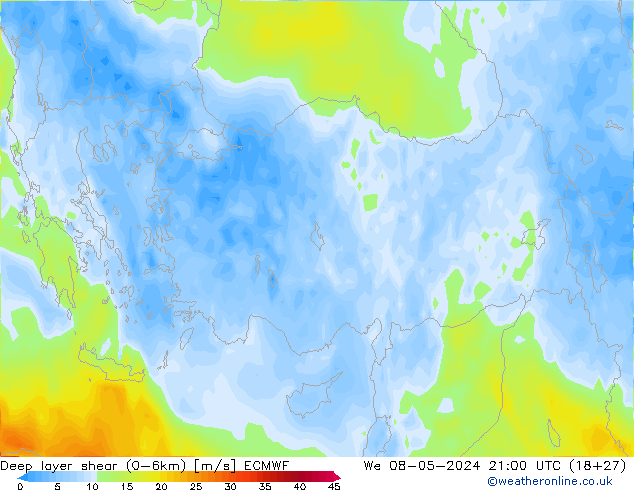 Deep layer shear (0-6km) ECMWF St 08.05.2024 21 UTC