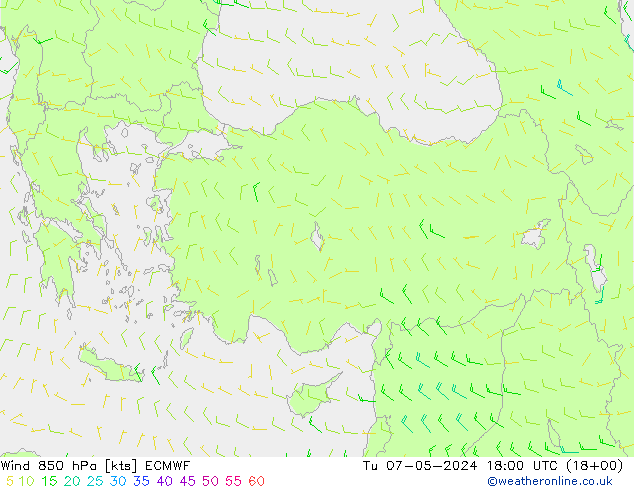 Wind 850 hPa ECMWF Tu 07.05.2024 18 UTC