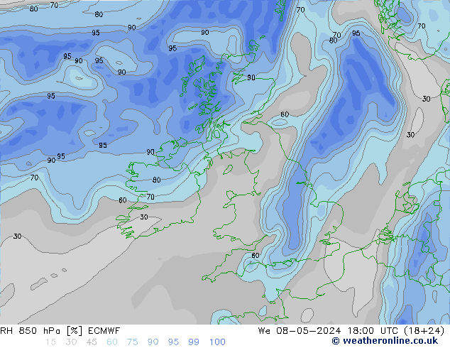 Humidité rel. 850 hPa ECMWF mer 08.05.2024 18 UTC