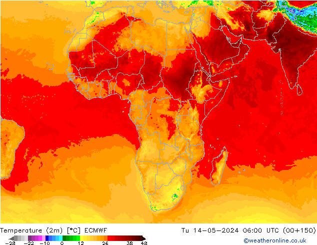Temperatuurkaart (2m) ECMWF di 14.05.2024 06 UTC