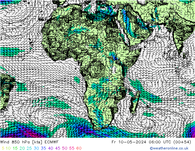 Wind 850 hPa ECMWF Pá 10.05.2024 06 UTC