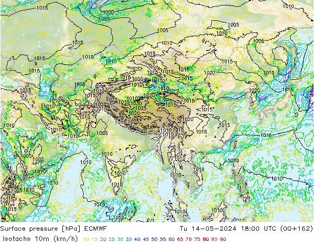 Isotachs (kph) ECMWF Tu 14.05.2024 18 UTC