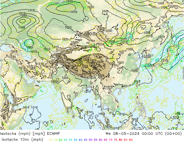 Isotachen (mph) ECMWF wo 08.05.2024 00 UTC
