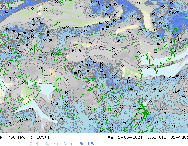 Humidité rel. 700 hPa ECMWF mer 15.05.2024 18 UTC