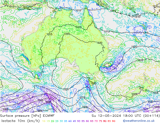 Isotachs (kph) ECMWF Su 12.05.2024 18 UTC