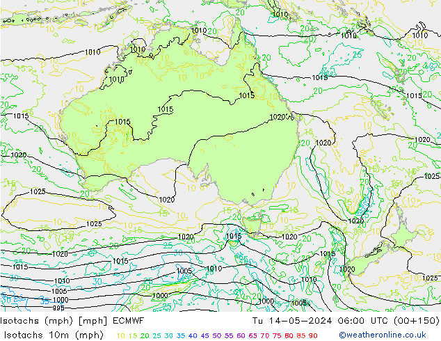 Isotachs (mph) ECMWF Út 14.05.2024 06 UTC