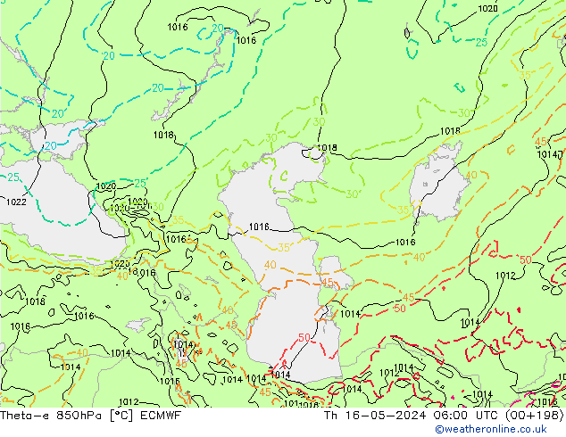 Theta-e 850hPa ECMWF jue 16.05.2024 06 UTC