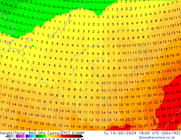 Hoogte/Temp. 850 hPa ECMWF di 14.05.2024 18 UTC