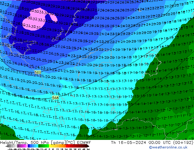 Height/Temp. 500 hPa ECMWF Th 16.05.2024 00 UTC