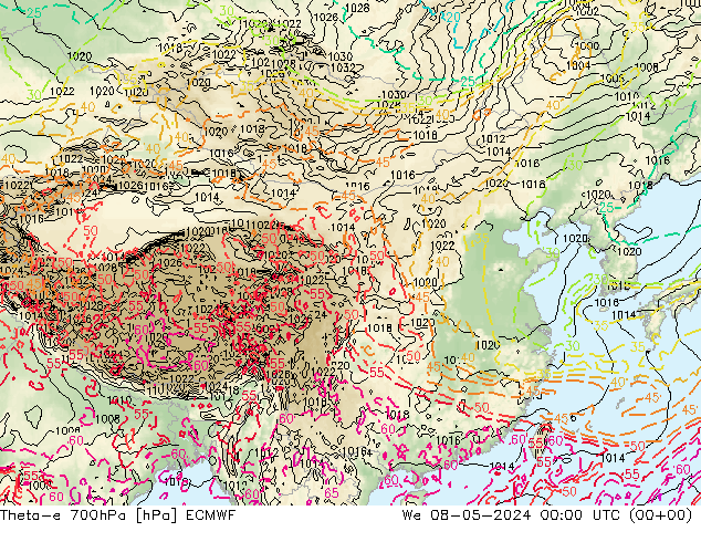 Theta-e 700hPa ECMWF 星期三 08.05.2024 00 UTC