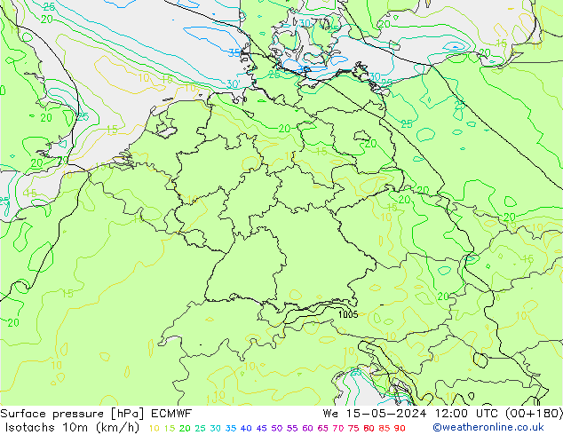 Isotachs (kph) ECMWF We 15.05.2024 12 UTC