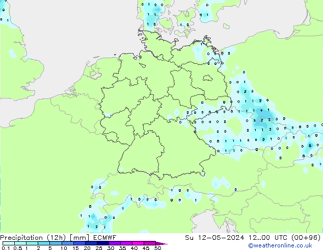 Precipitation (12h) ECMWF Su 12.05.2024 00 UTC