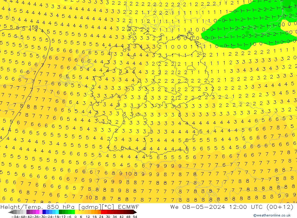 Z500/Rain (+SLP)/Z850 ECMWF mer 08.05.2024 12 UTC