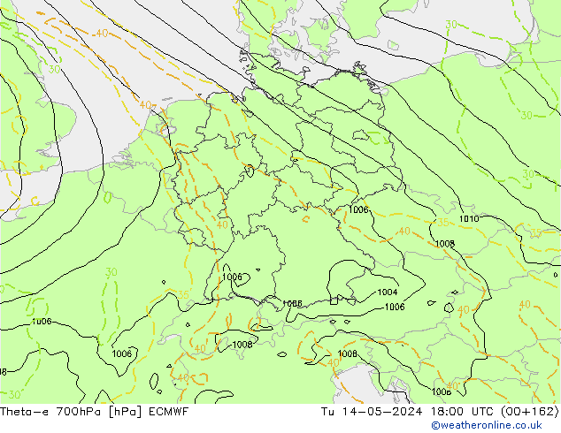 Theta-e 700hPa ECMWF di 14.05.2024 18 UTC