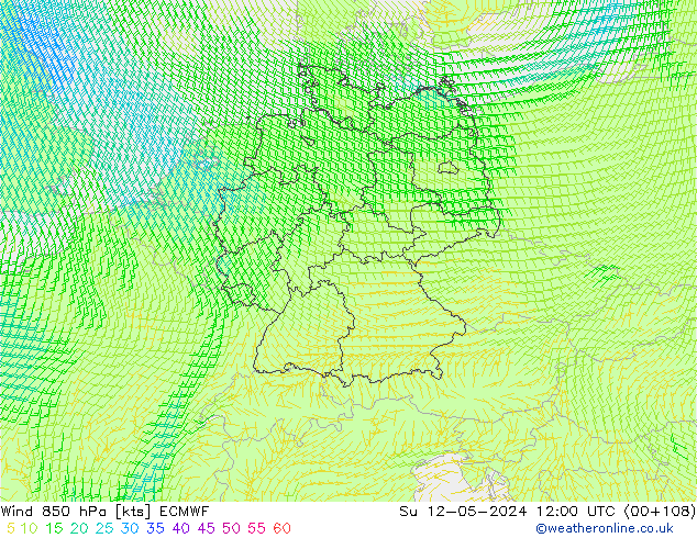 Vento 850 hPa ECMWF Dom 12.05.2024 12 UTC