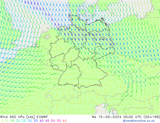 Vento 950 hPa ECMWF Qua 15.05.2024 00 UTC