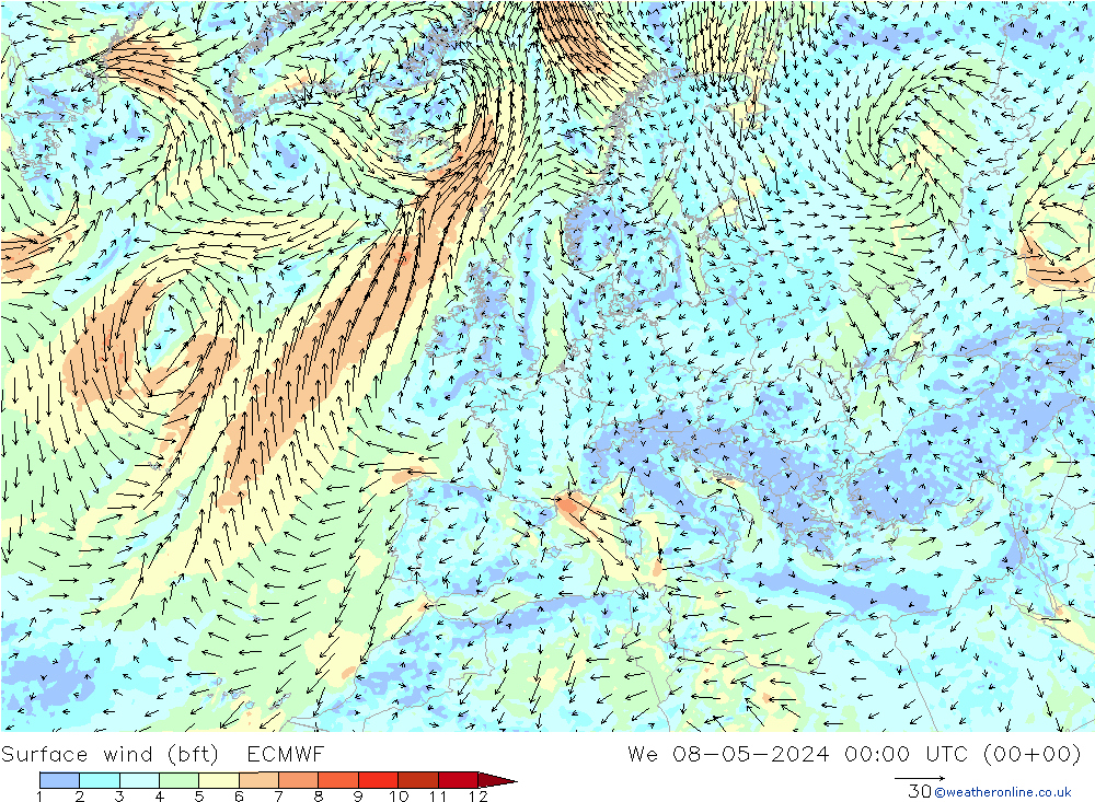 Bodenwind (bft) ECMWF Mi 08.05.2024 00 UTC