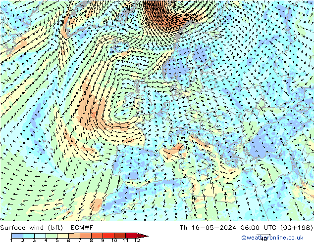 Surface wind (bft) ECMWF Th 16.05.2024 06 UTC