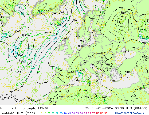 Isotachs (mph) ECMWF We 08.05.2024 00 UTC
