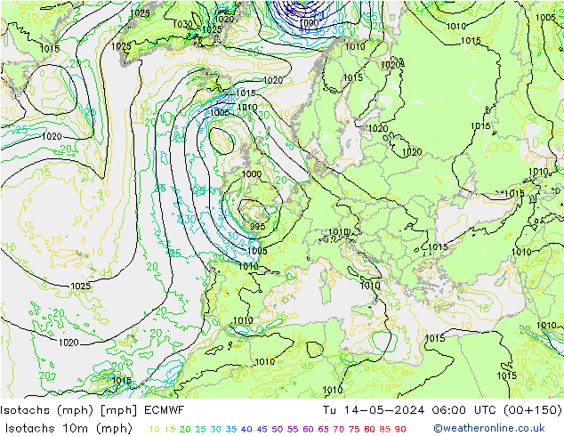 Isotachen (mph) ECMWF Di 14.05.2024 06 UTC