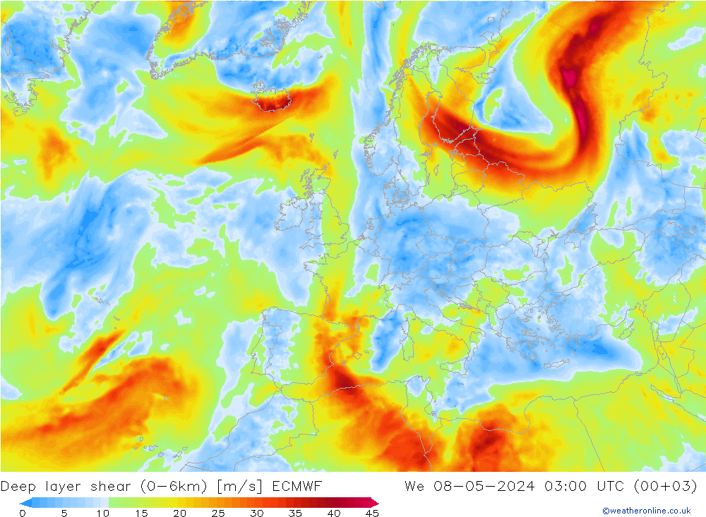 Deep layer shear (0-6km) ECMWF  08.05.2024 03 UTC