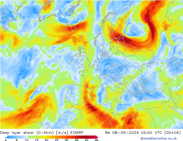 Deep layer shear (0-6km) ECMWF śro. 08.05.2024 06 UTC