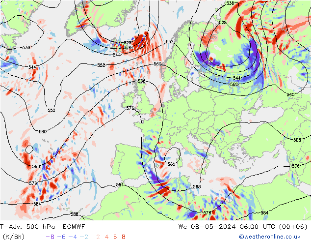 T-Adv. 500 hPa ECMWF St 08.05.2024 06 UTC