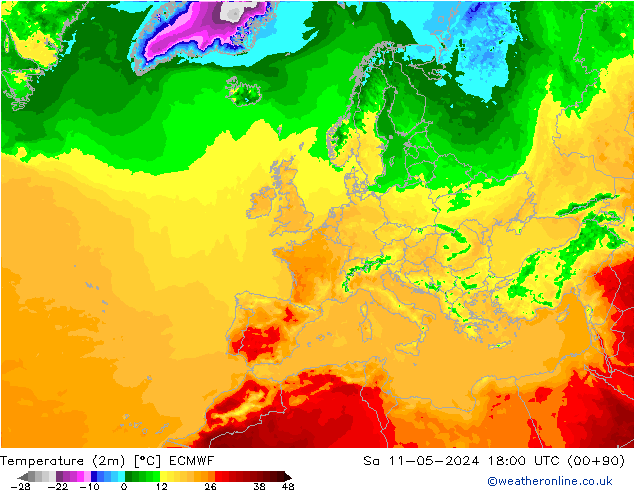 Temperatuurkaart (2m) ECMWF za 11.05.2024 18 UTC
