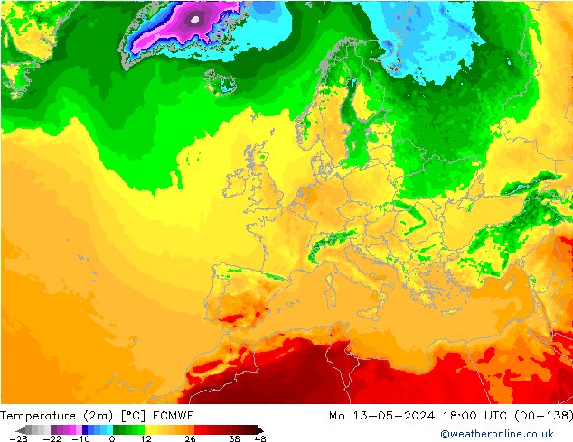 Sıcaklık Haritası (2m) ECMWF Pzt 13.05.2024 18 UTC