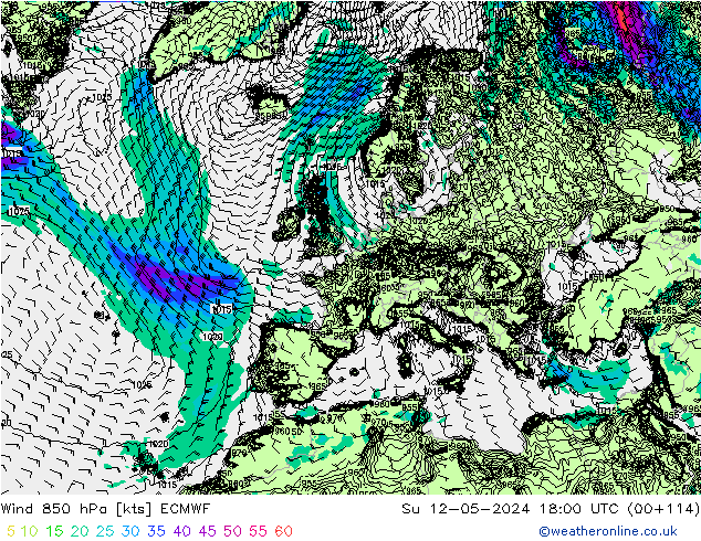 wiatr 850 hPa ECMWF nie. 12.05.2024 18 UTC