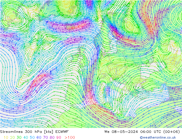Linha de corrente 300 hPa ECMWF Qua 08.05.2024 06 UTC